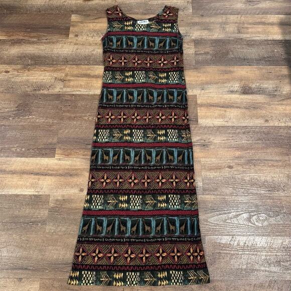 Just in Thyme LTD Dresses & Skirts - VTG 90s Just in Thyme Sleeveless Midi Shift Dress 8 Tie Back Safari Giraffe Boho